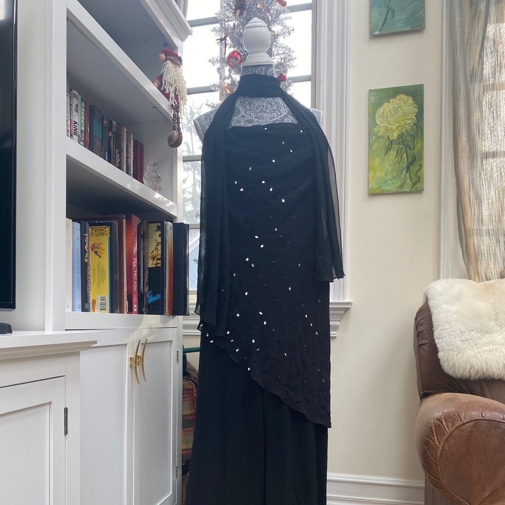 Venus Black Strapless Sequin Jumpsuit with Scarf